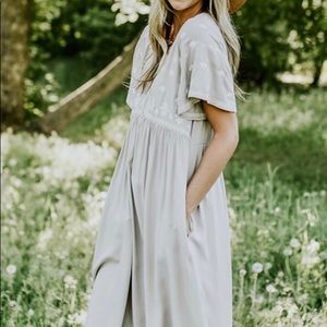 Roolee / Polagram Midi Embroidered Dress in Taupe